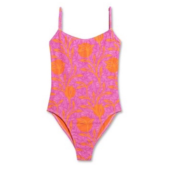 Liberty & Justice Women's High Leg Cheeky 1-piece Swimsuit Pink/Orange Flora XL - Picture 2 of 5